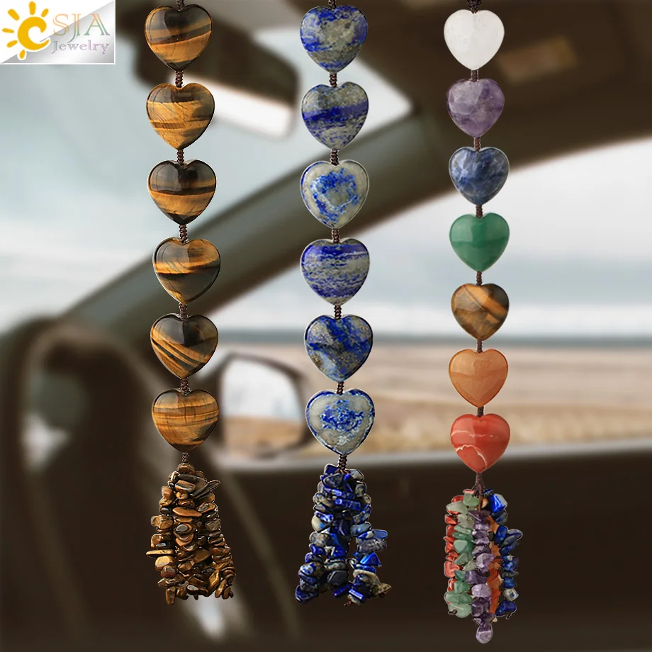

CSJA natural stone heart shape handmade crystal car hanging healing reiki weave lucky ornament window wall decor G541