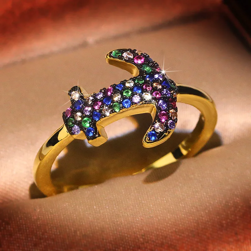 

High Quality Spot wholesale Gold Plated boat anchor Shape colorful Zircon ring for Women