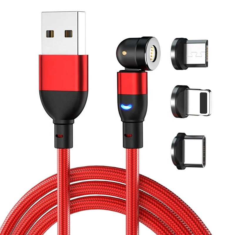 

Durable Nylon Braided 540 Degree Rotation 3 In 1 Fast Charging Magnetic Data Usb Cable For iPhone Mobile Magnetic Charging Cable