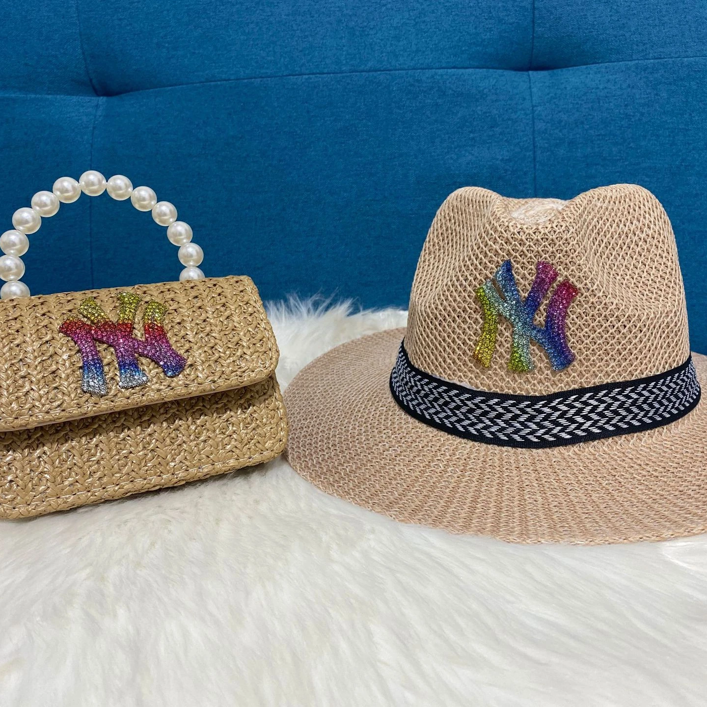 

2021 Women bag beach handbag straw hat NY bucket hat NY purse and hats, Colorful