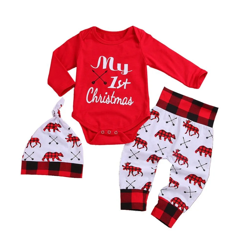 

Newborn infant romper pants hat toddler cartoon deer long sleeve outfit my first Christmas 3pcs baby clothes set, Red