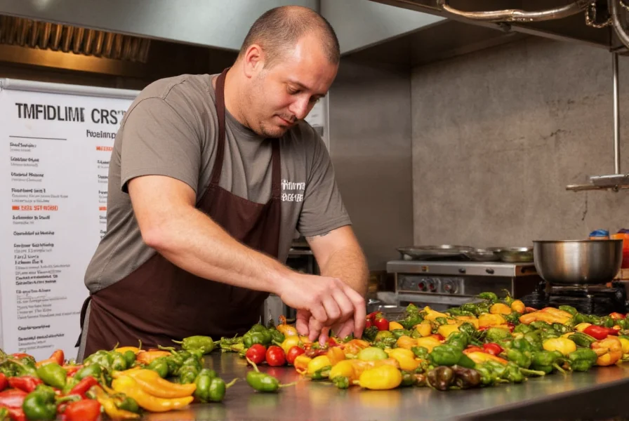 Chef preparing various peppers with Scoville scale reference chart visible in the background