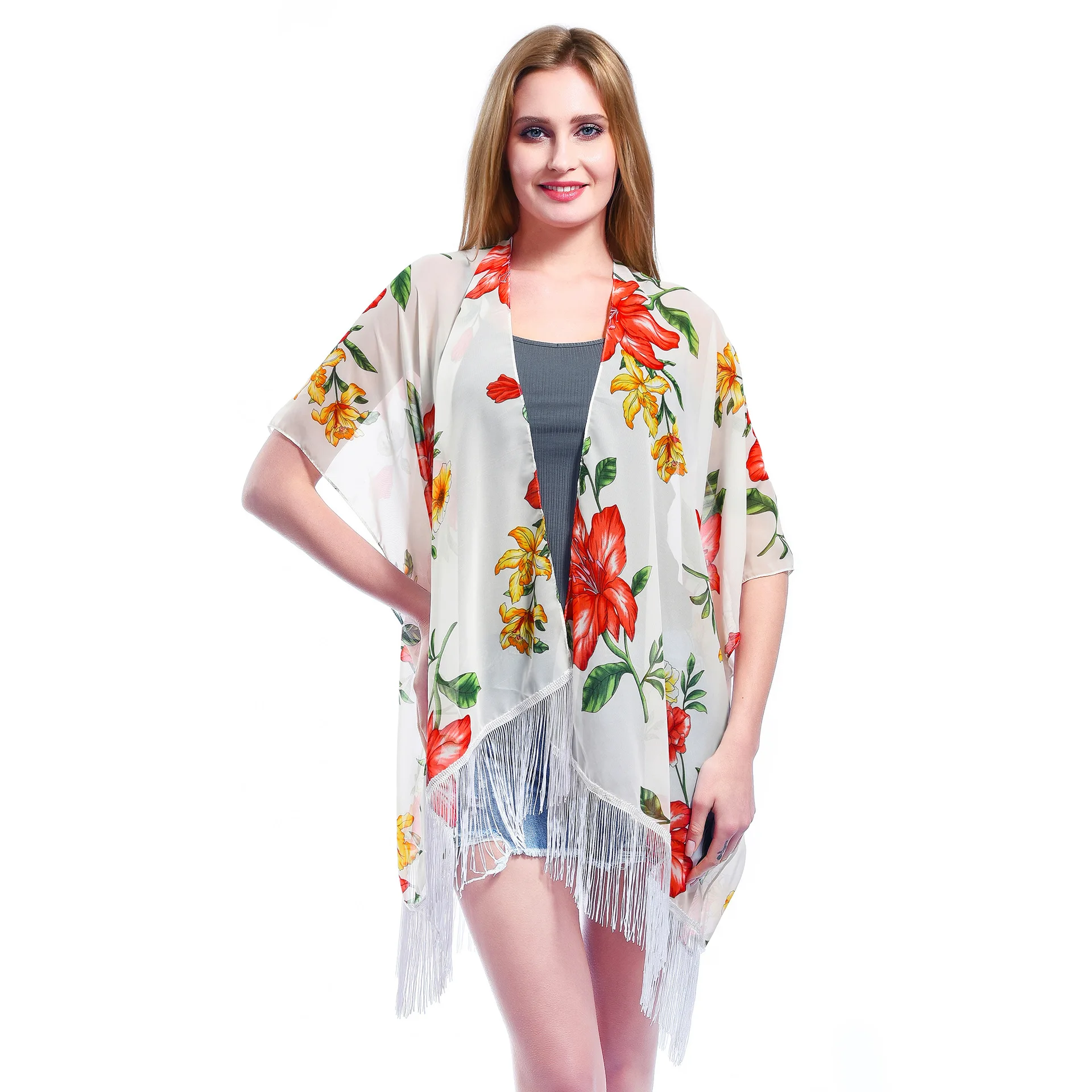 

Quality Printing Silk Kimono Floral Women Cardigan Tops Chiffon Beach Wear Floral Printed Shawl Kimono