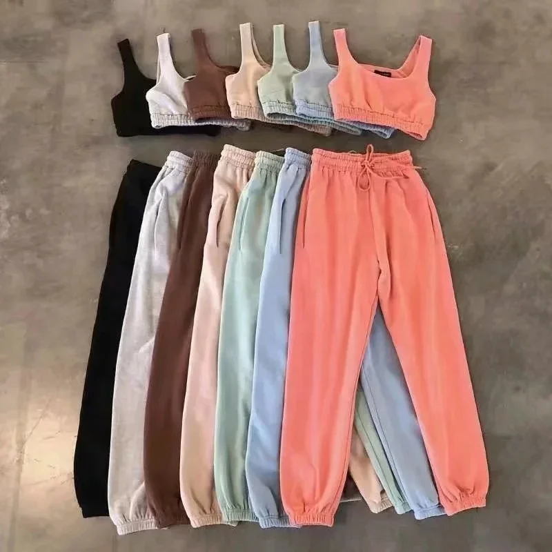 

2021 new arrival custom logo cotton crop top two piece pants set workout womens 2 piece jogger suits sets, Avaliable