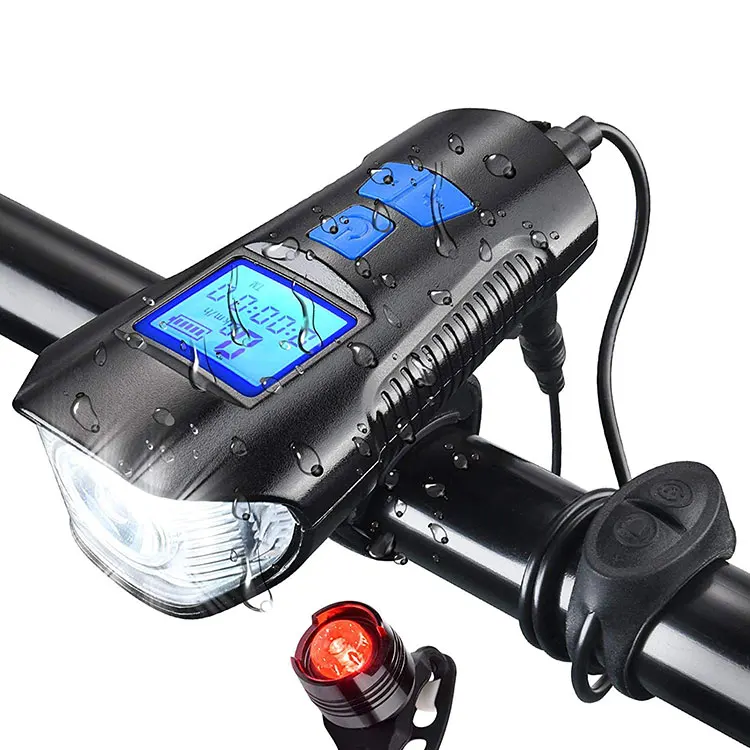 

High Quality Waterproof Night Riding 5 Mode Bicycle Light Led Speedometer Rechargeable Bike Light Set, Black