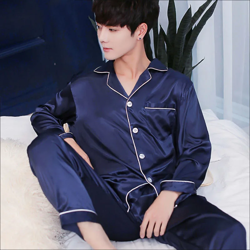 

Spring And Autumn New Men Home Wear Soft Fashion Silk Casual Pajamas 2PC Set Loungewear