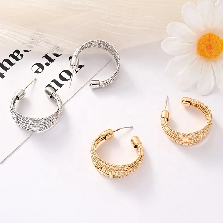 

Fashion Creativity Large Hoop Textured Gold and Silver Two-Tone Layered C Earrings For Temperament Gift