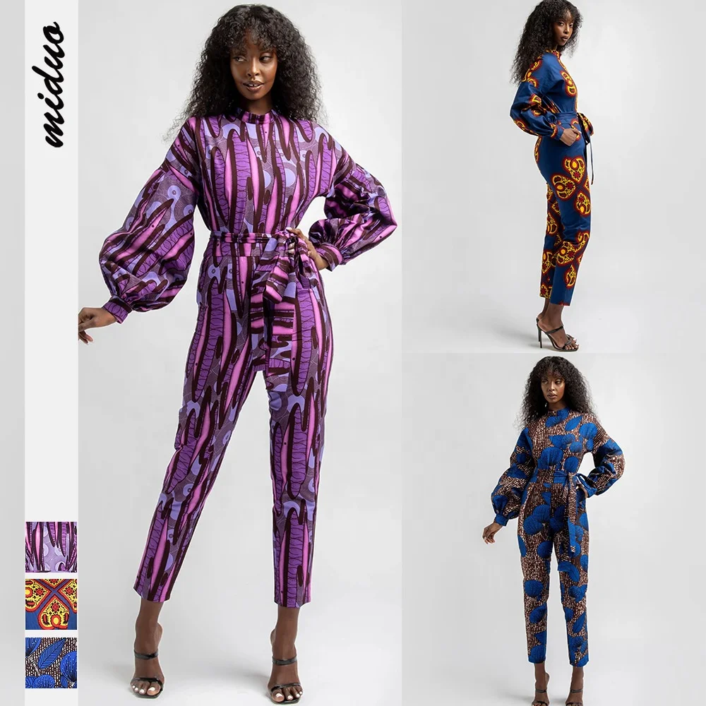 

DFKAI Hot sale Digital Printed African Casual Lantern Long Sleeve High Waist women jumpsuits 2021