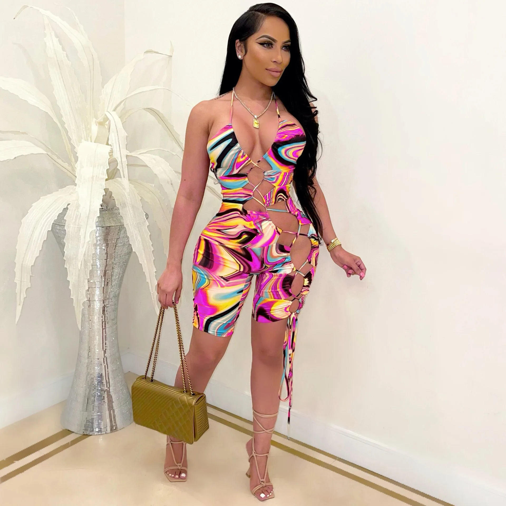 

Free Shipping R05184 - Women Fashion Bodycon Sleeveless Printed Strap Rompers