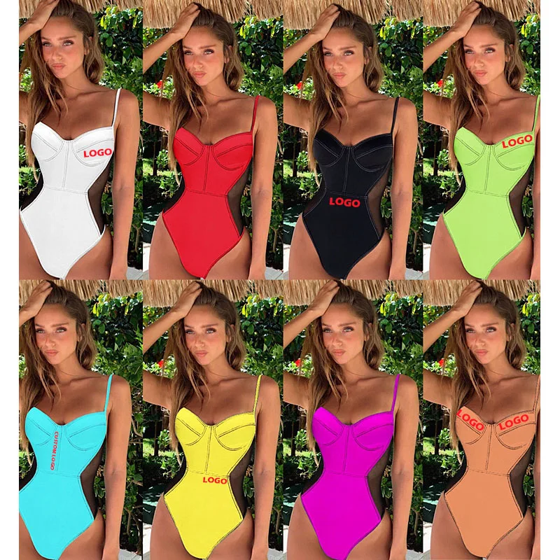 

Free Shipping European And American Solid Color Mesh &Lace Bikini Women High Cut Sexy hard backless Swimsuit