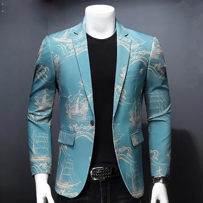 

Large size Gentleman Blazers Men Blue Patterning Printed Suit Jacket Casual Coat Prom Singer Concert Stage Costume