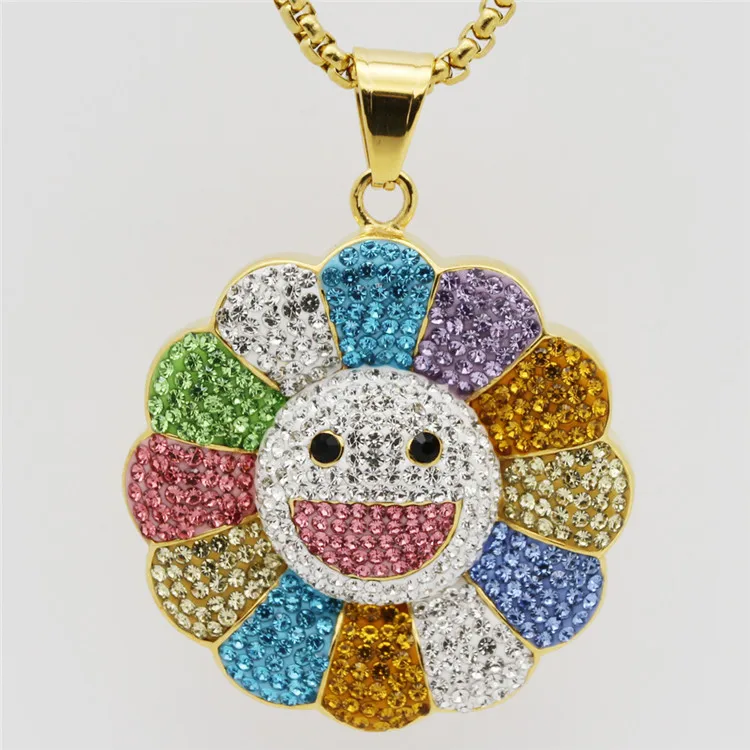 

Sun Flower Sunflower Colorful Petals Diamond Smiley Hip Hop Titanium Steel Pendant Necklace, Silver, gold
