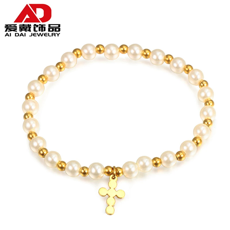 

Stainless steel golden pearl cross beaded creative wild bracelet women