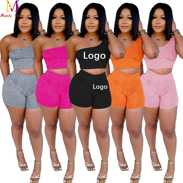 

Boutique Sexy Ladies Solid Color Two Piece Set One Shoulder Summer Breathable Women Clothing 2 Piece Outfits, Picture shown