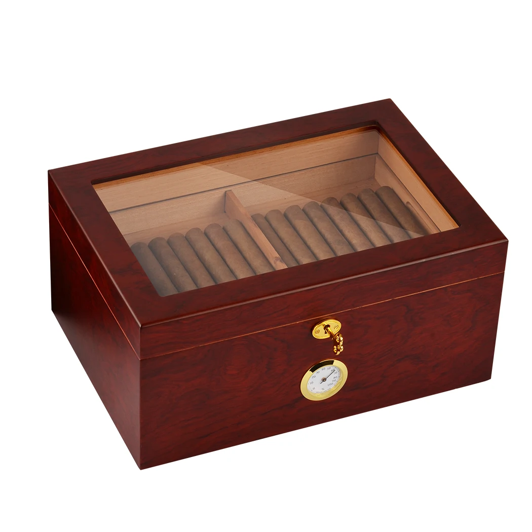 

FUREN 34.5*24*16cm matt Rosewood Veneer Top Glass Cigar Packaging Wooden Box with Hygrometer Humidifier and Lock, Walnut,accept custom