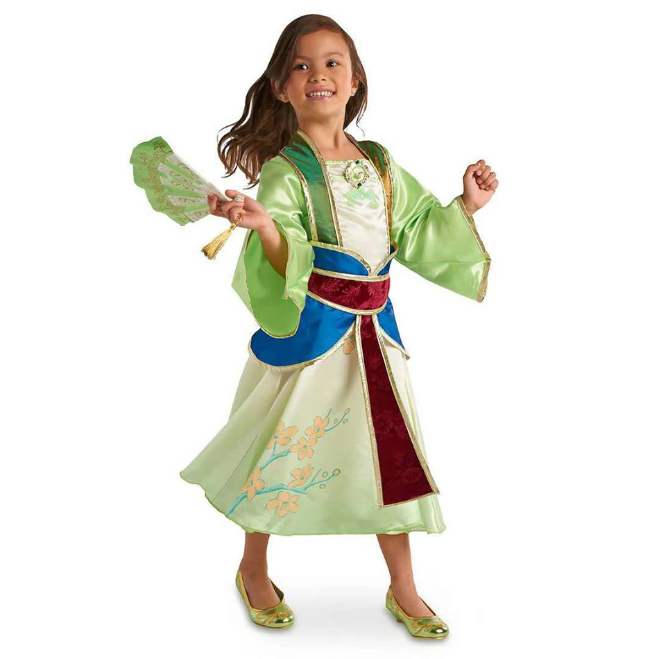

Chinese Style Children Princess Mulann Costume Role Play China's Kimono Party Ball Gown Girls Carnival Floral Mu-lan Dress, Green