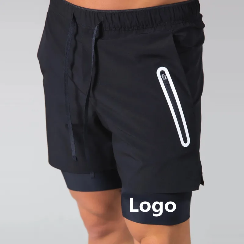 

Double layer Jogger Men 2 in 1 Short Pants Gyms Fitness Built-in pocket Bermuda Beach Shorts Male Sweatpants, Customized colors
