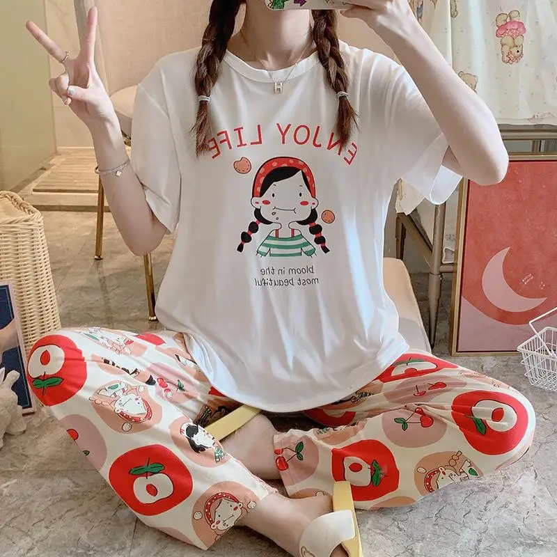 

Bayan Gecelik Summer Short Sleeve Printed Patterned Cartoon Sleepwear Pijamas Mujer Pyjama