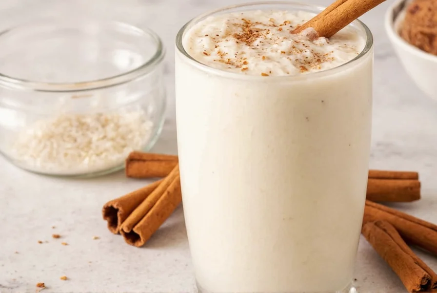 Homemade cinnamon rice milk in glass jar with cinnamon stick