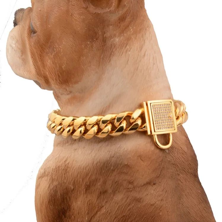 Custom Luxury Durable Gold Plating Stainless Steel Pet Dog Collar,14mm