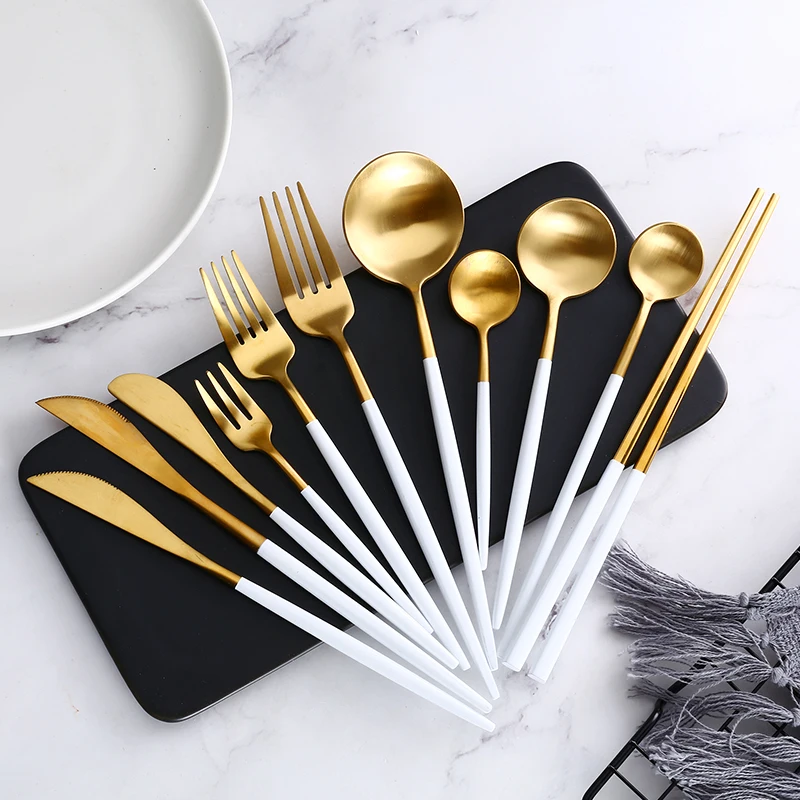 Environmentally Friendly Kitchen Cutlery 18/10 Gold Matte White Handle Stainless Steel Cutlery