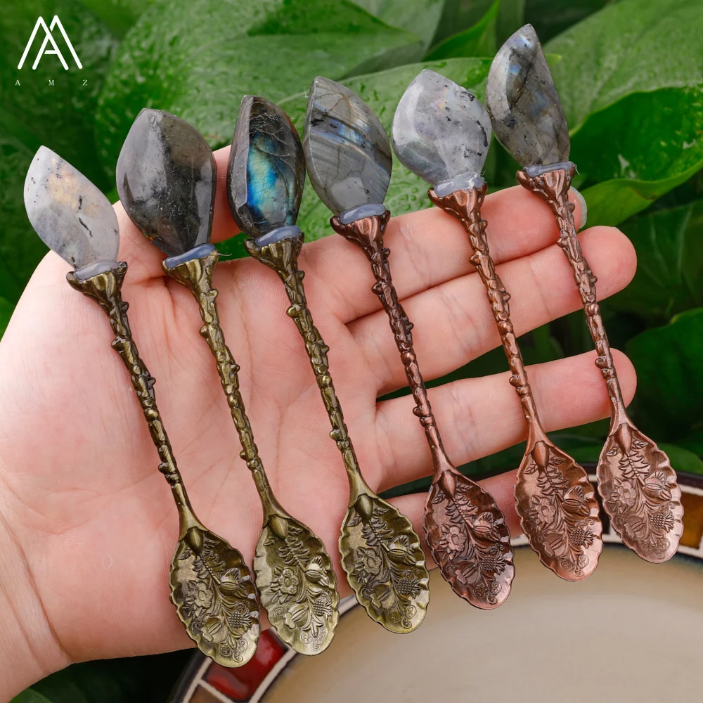 

Flash Labradorite Gem Stone Freeform Shape Carved long handle Spoons Birthday Gifts