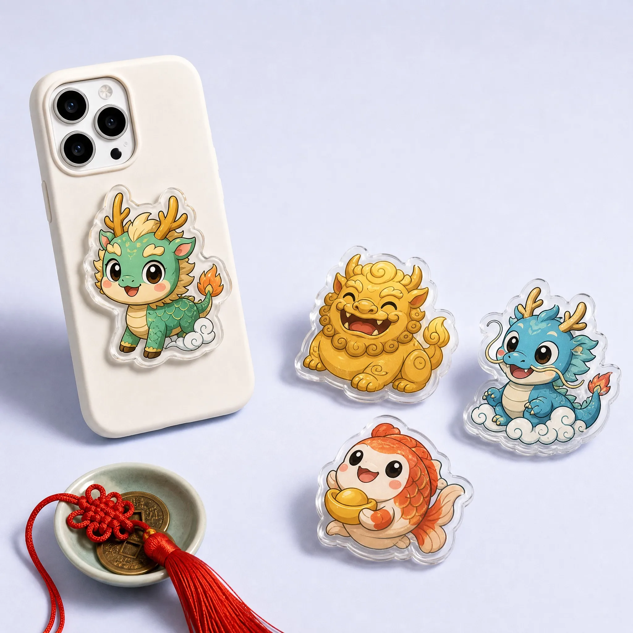 Green Jade Dragon Acrylic Grip Attached to Phone Case with Golden Pixiu, Azure Cloud Dragon, and Lucky Fortune Carp