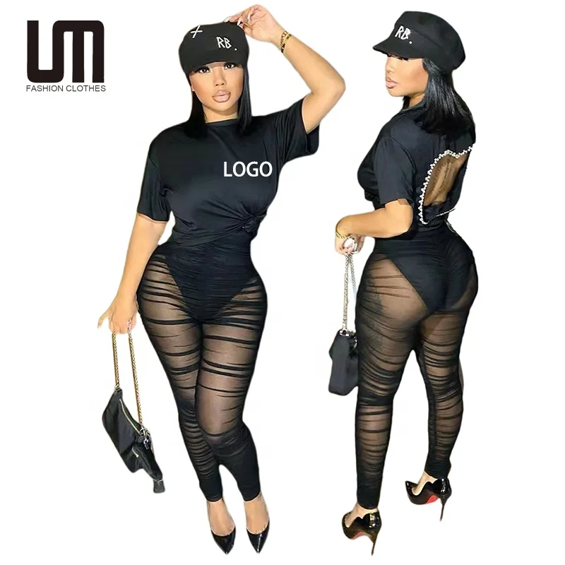 

Liu Ming Summer 2022 Women Clothing 2 Piece Outfits Short Sleeve Crop Tops Mesh Leggings Pants Set, Customized color