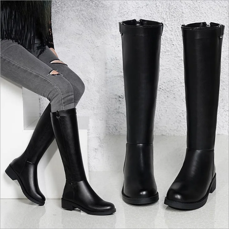 

Winter Warm Low Heel Round Toe Leather Boots Shoes Woman Boots Military Boot