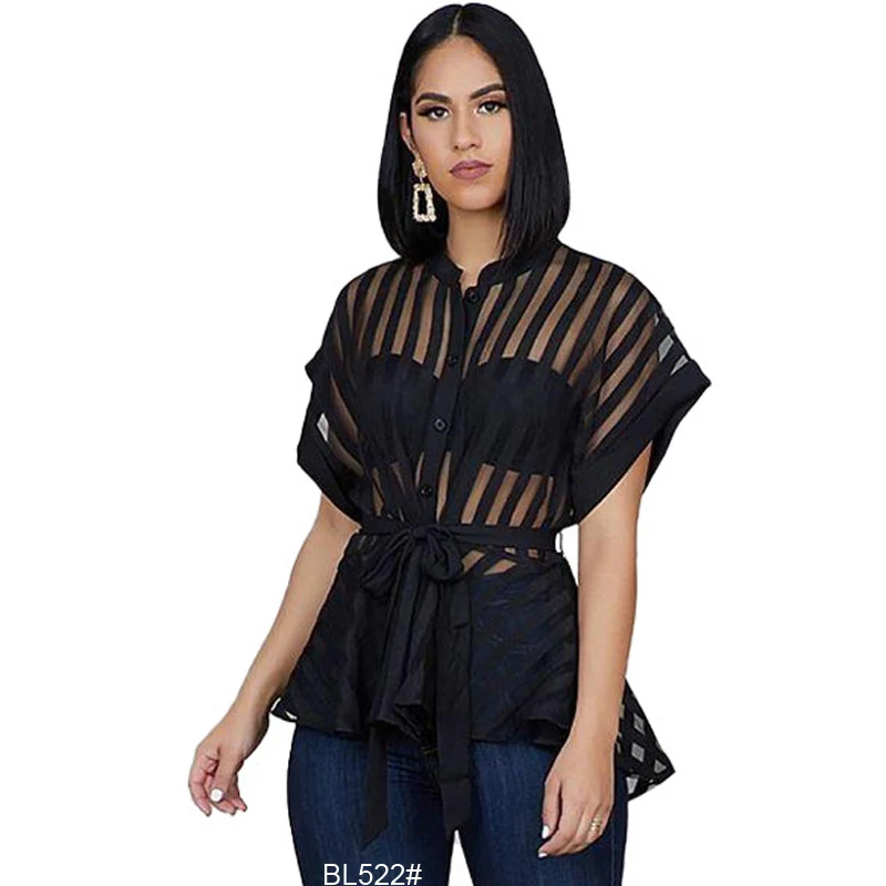 

New European and American women's striped sexy perspective collar shirt
