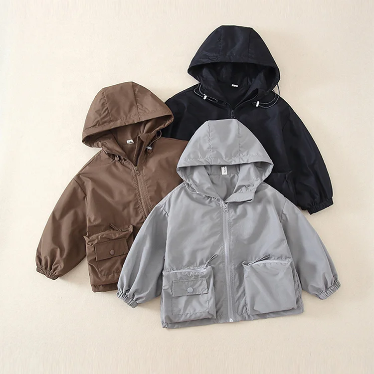 

2023 New design kids Boys coat coat Jackets windproof jacket Polyester blend Solid Color Zipper Pocket Child Ho