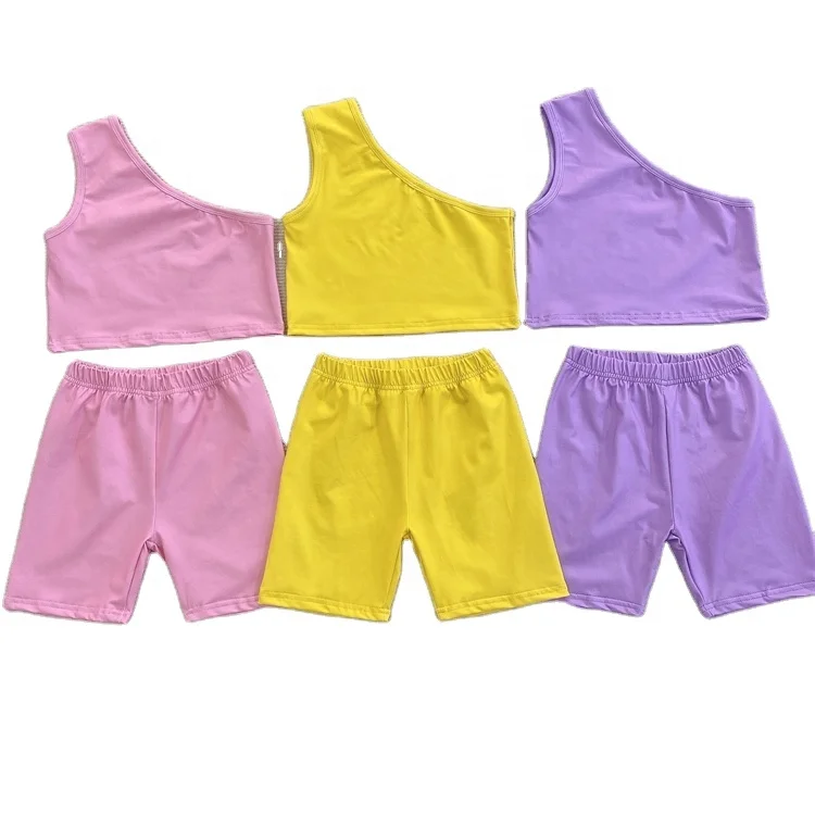 

Summer kids clothes outfits fashion custom sleeveless one shoulder vest crop tops shorts baby toddler girl clothing set, 2 colors