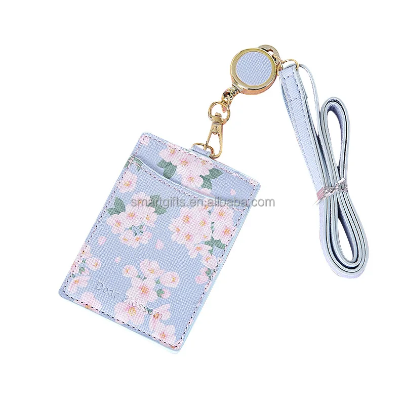 

3pcs Set Retractable PU ID Card Holder Pink Floral Printing ID Neck Strap Badge Holder with Lanyard for girls