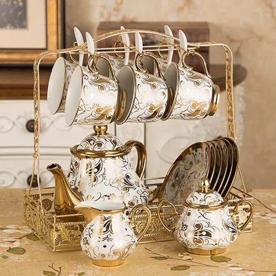 

european luxury high class gold rim porcelain royal afternoon tea party coffee ceramic bone china mug cups saucer set, White