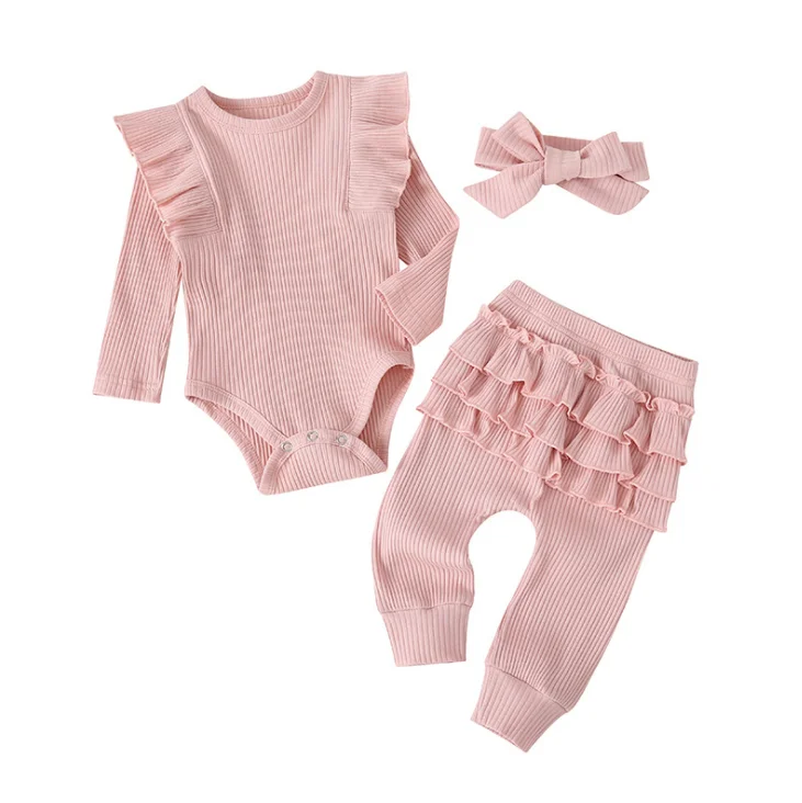 

Well breathable comfy Spring cotton pajamas baby girl clothes set wholesale kids girl clothing ruffled design 2pcs, As picture