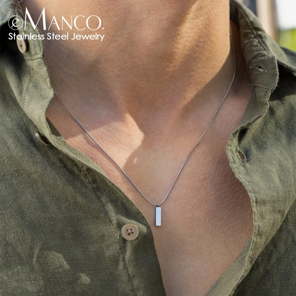 EManco Fashion Trend Jewelry Waterproof Men Stainless Steel Long Chain Necklace Gold Bar Square Pendant Necklace for Men