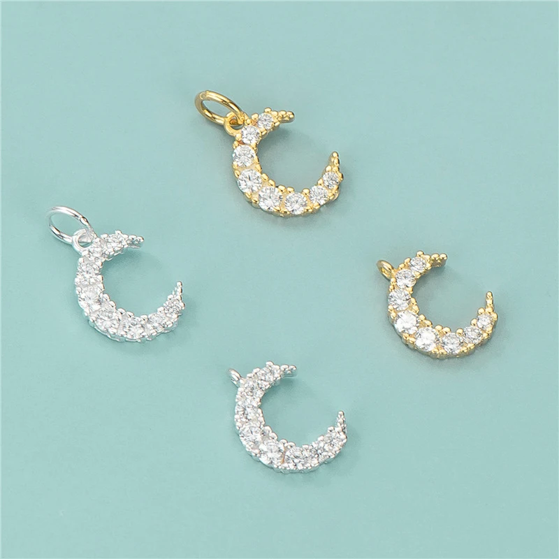 Gold Plated Diamond Moon Pendant S925 Sterling Silver Micro Zircon Crescent Charm Pendant With Ring For Jewelry Making