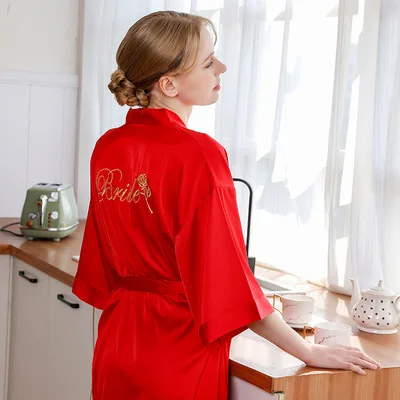 

Customized Embroidery Bridesmaid Robes Women's Half Sleeve Sleepwear Satin Pajamas, Pink, navy, black, orcustomized color