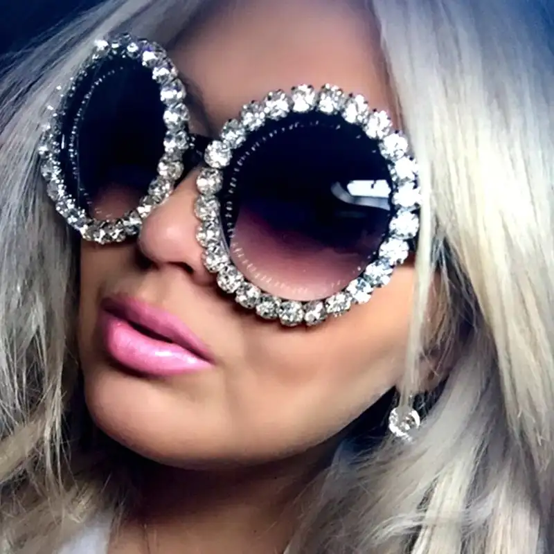 

Wholesale fashion round luxury shades bling diamond sun glasses crystal women sunglasses trendy 2022 custom logo, 7 colors