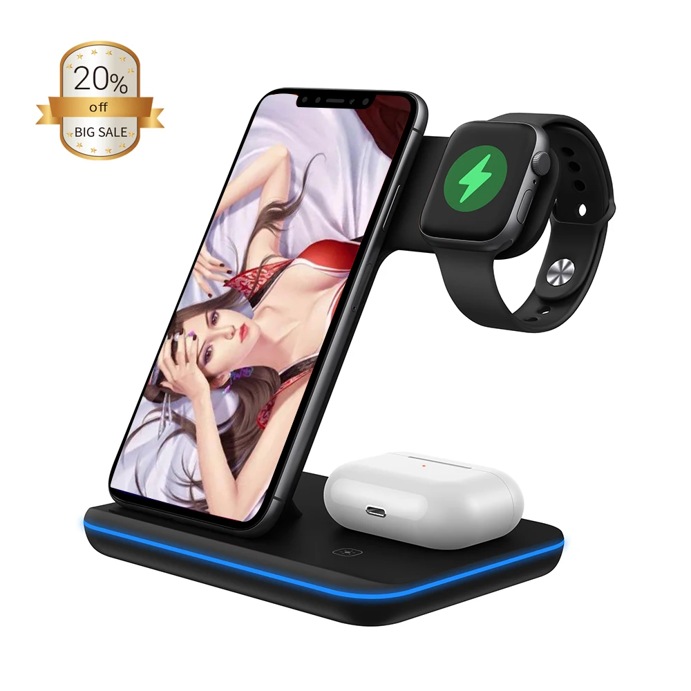 

Oem Auto Fast Android Phone Stand Cargadores Inalambricos Fantasy Led Multifunction Qi 3 In 1 Wireless Charger 10W For Iphone