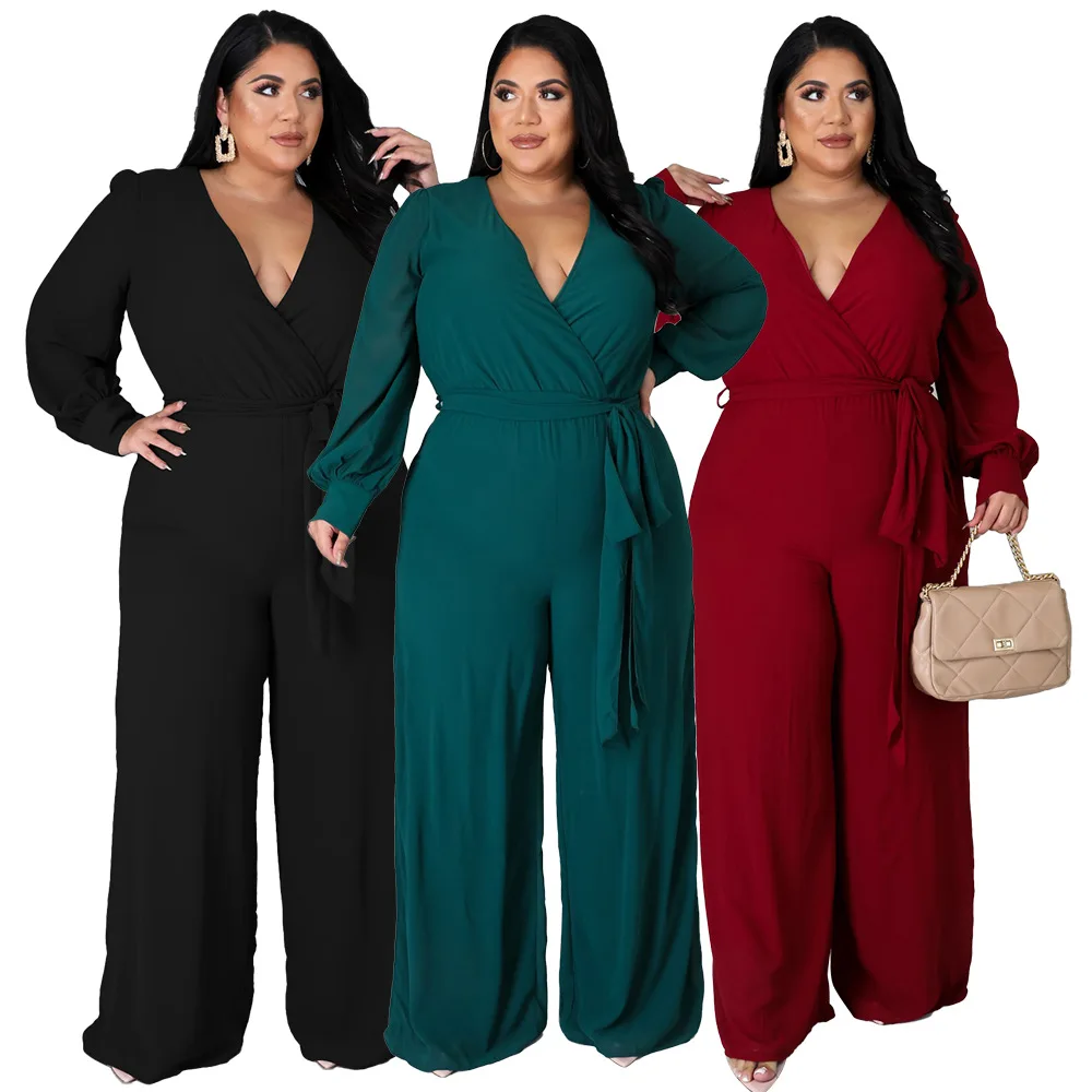 

Fashion Fall Women Clothes Plus Size Playsuits Casual Loose V Neck Solid Color Wide Leg Jumpsuit With Belt, Picture color