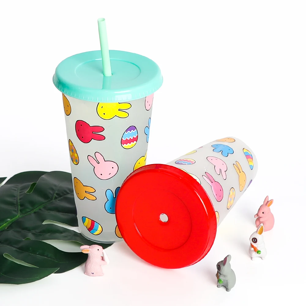 

Easter mug reusable amazon hot sell plastic 24oz color changing cups with lids and straw