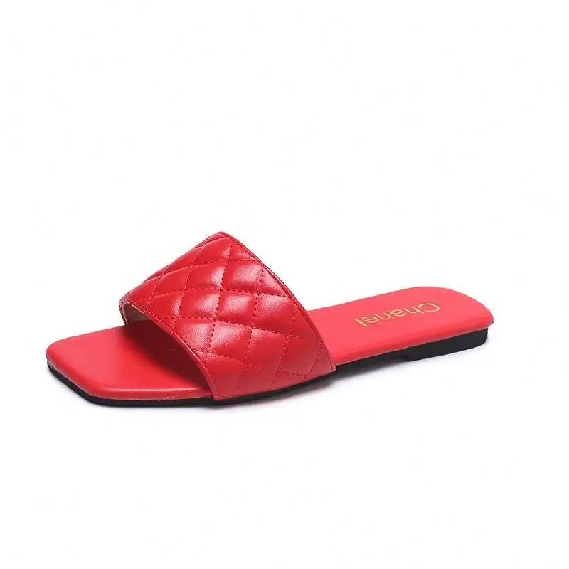 

2021 Factory direct sale hot sale new arrivals flat sandals summer women fashion square head solid color holiday slippers, Black, red, beige, brown, yellow