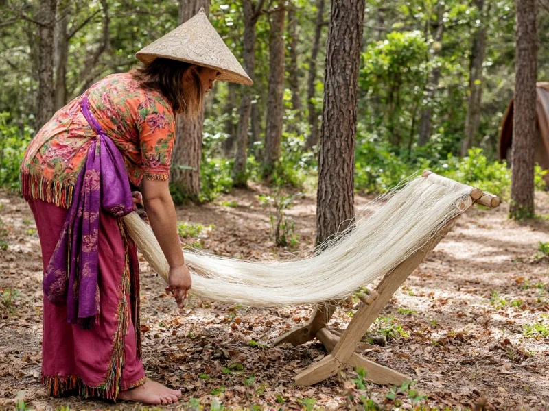 Artisan weaving with natural plant fibers outdoors