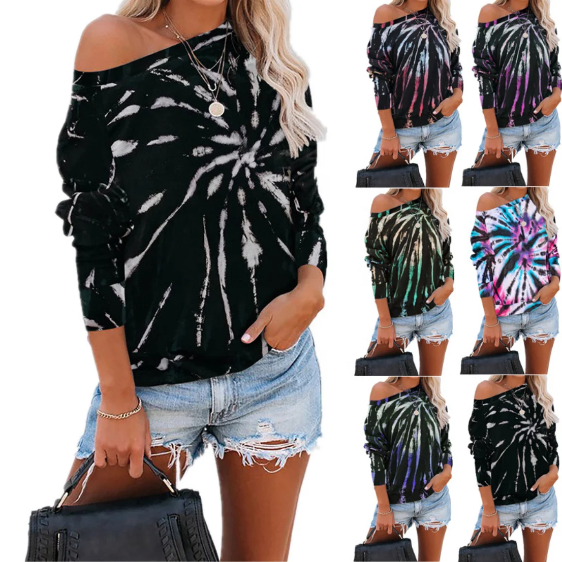 

Loose tie-dyed printed round neck long sleeve sweater