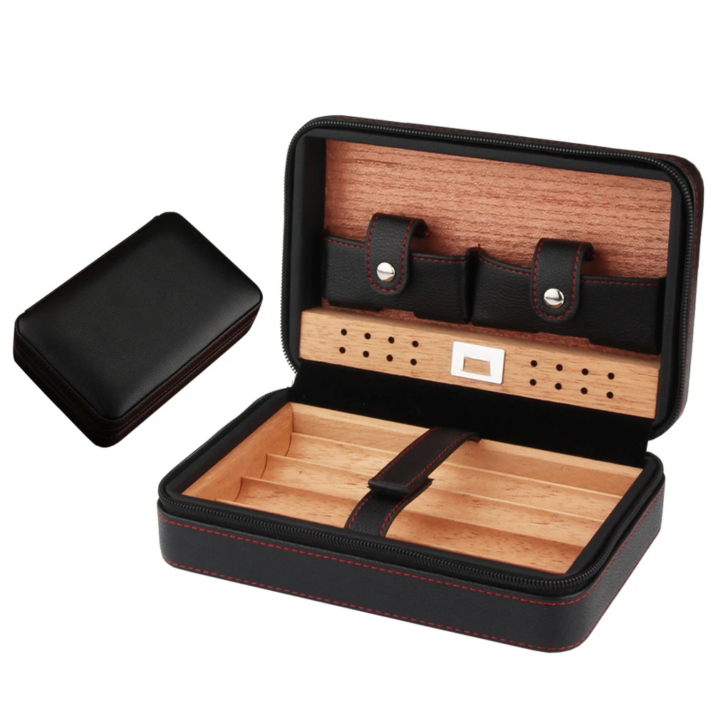

Luxury Leather Case Cedar Wood Portable Box Cigar Travel Humidor With Humidifier, Black and brown