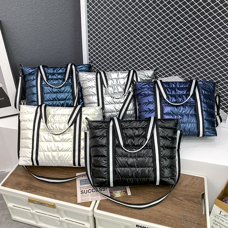 

Fashion Top Handle Bags Unique Large Capacity Leisure Polyester Lining Handbags Blue Puffer Grid Soft Nylon Woman Tote Bag, Silver,black,white blue