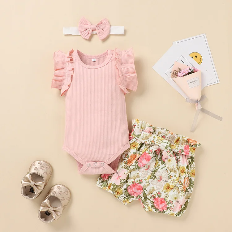 

Newborn Baby Girl Clothes Set Summer Rib Short Sleeve Romper Floral Shorts Headband 3Pcs Outfit New Born Infant Clothing