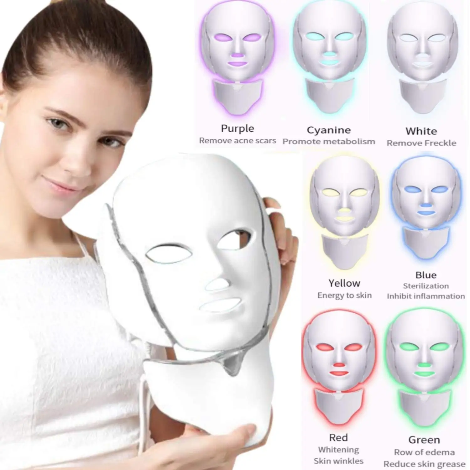 

Amazon Hot 7 Colors Light LED Facial Mask With Neck Skin Rejuvenation Beauty Anti Acne Face Therapy Whitening Masks Tool, White abs materials