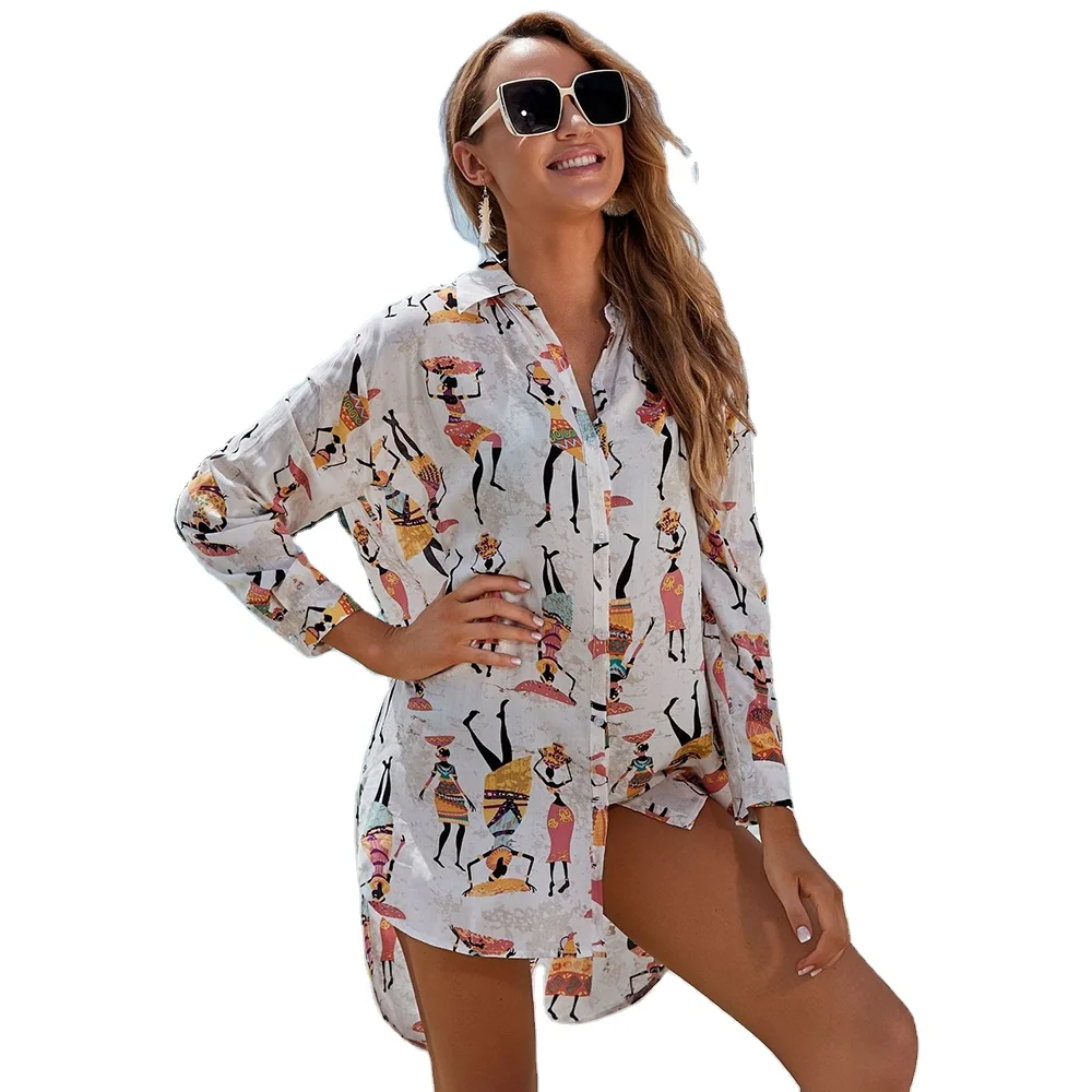 

LH2 Wholesale Fashion White Long Sleeve Beach Dress Summer Sun Skirts Protection Women Cover Up Beachwear, Picture showed